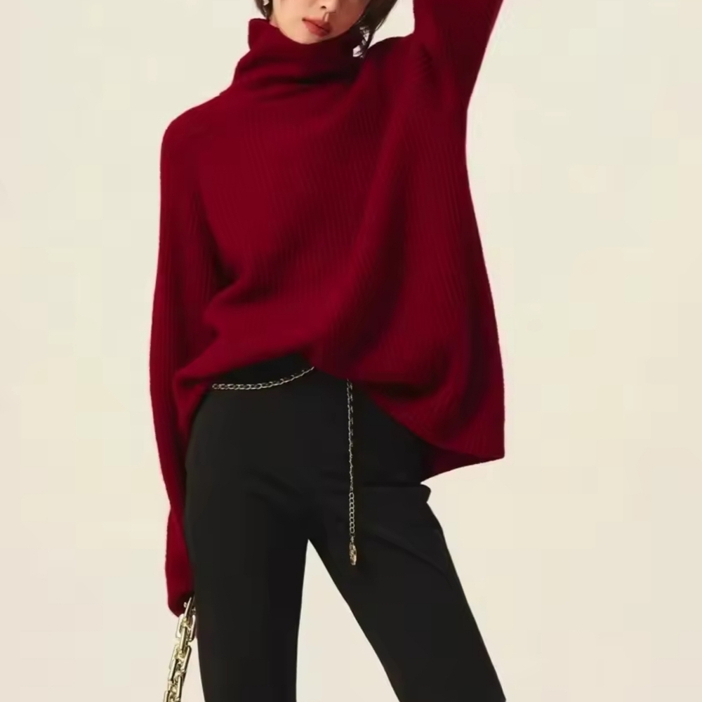 100% cashmere sweater women loose thickening age reduction niche vintage red - Picture 3 of 9